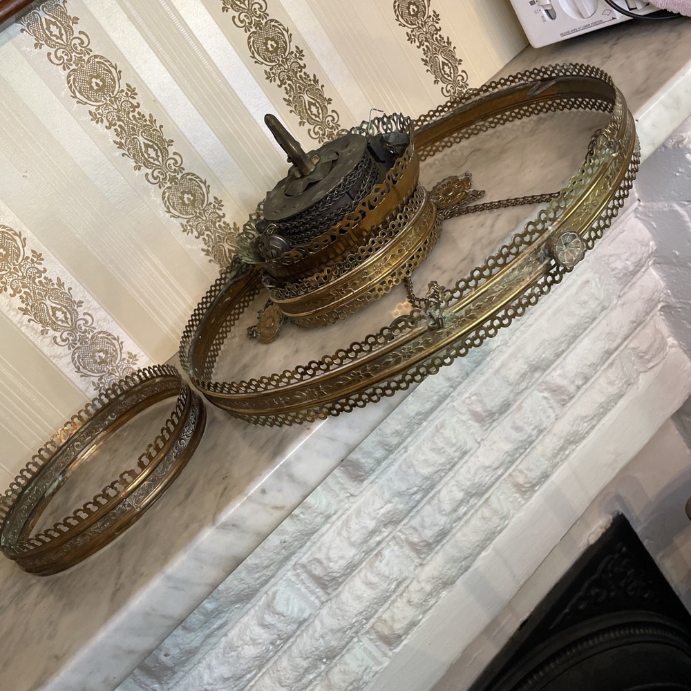 Antique Brass Hanging Oil Library Lamp Chain Motor Cover 6 7/8" Parts (no Glass)